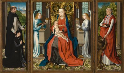 Drieluik van Madonna en Kind met Engelen; Donor en zijn beschermheilige Petrus Martyr; en Sint Hiëronymus door Master of The Legend of St. Lucy